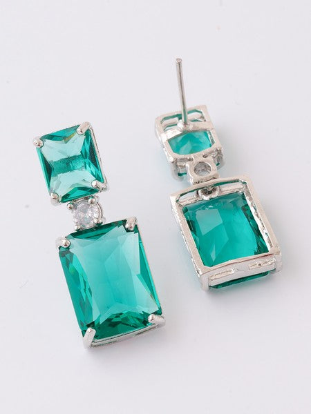 American Diamond Rhodium Plated Box Shape Earrings With Hydro CZ Stone