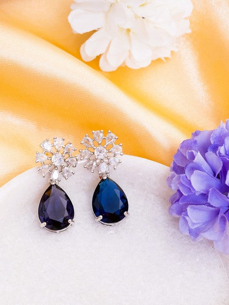 American Diamond Rhodium Plated Multi Stone Cluster Earrings With Hydro CZ Stone