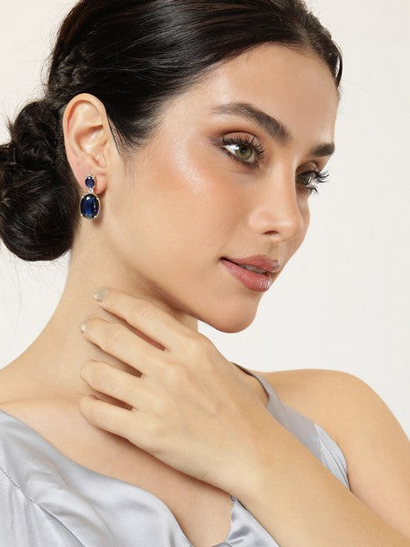 American Diamond Rhodium Plated Oval Shaped Earrings With Hydro CZ Stone