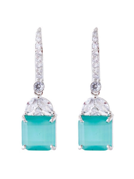 American Diamond Rhodium Plated Drop Earrings With Hydro CZ Stone ( Sea Green )