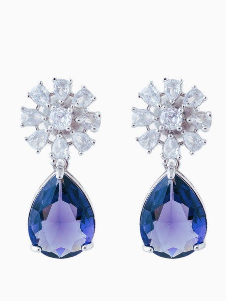 American Diamond Rhodium Plated Multi Stone Cluster Earrings With Hydro CZ Stone