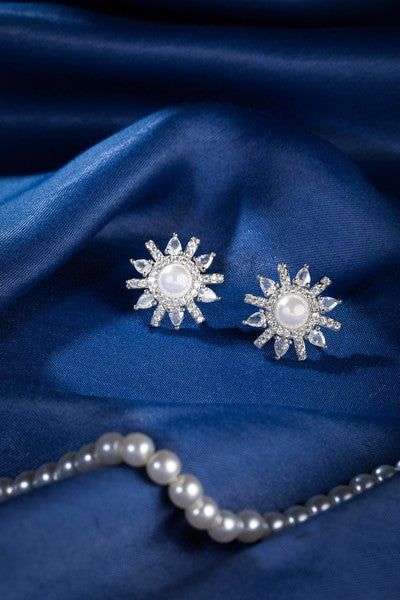 American Diamond Rhodium Plated Studs With Pearls n Cz Stone.