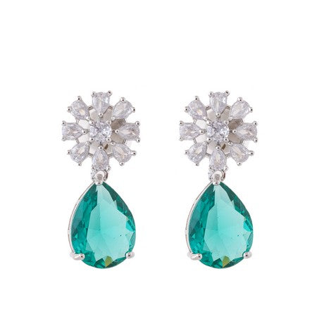 American Diamond Rhodium Plated Multi Stone Cluster Earrings With Hydro CZ Stone