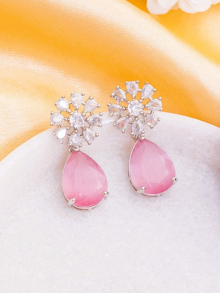 American Diamond Rhodium Plated Multi Stone Cluster Earrings With Hydro CZ Stone