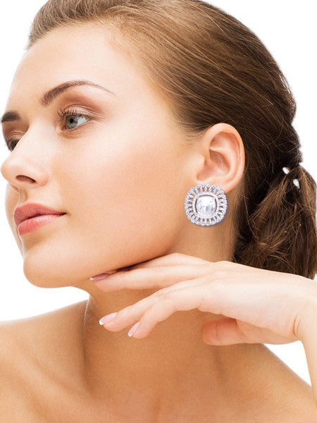 City Girl American Diamond Rhodium-Plated CZ Stones Stud Spiral Earrings for Women and Girls.