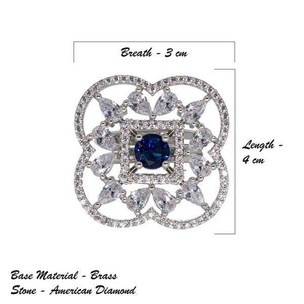 City Girl Brass Green Cz stone Studded Rhodium Plated Cocktail Finge Ring. (Free Size)