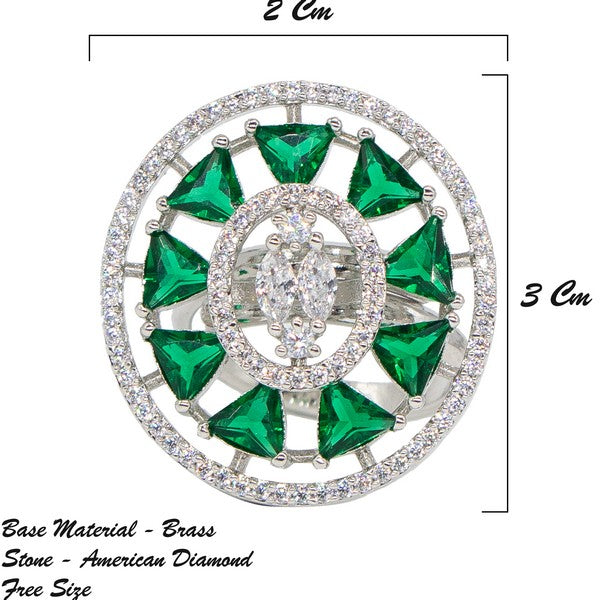 City Girl Brass Green Cz stone Studded Rhodium Plated Cocktail Finge Green Ova Ring. (Free Size)