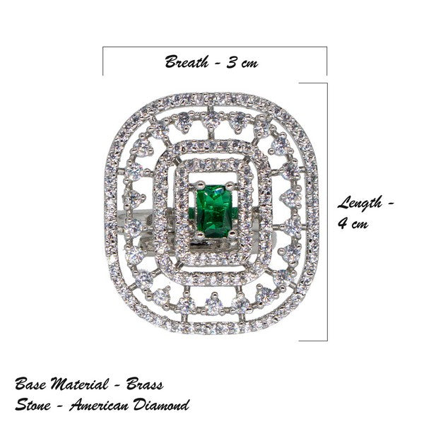 City Girl Brass Green Cz stone Studded Rhodium Plated Cocktail Finge Ring. (Free Size)
