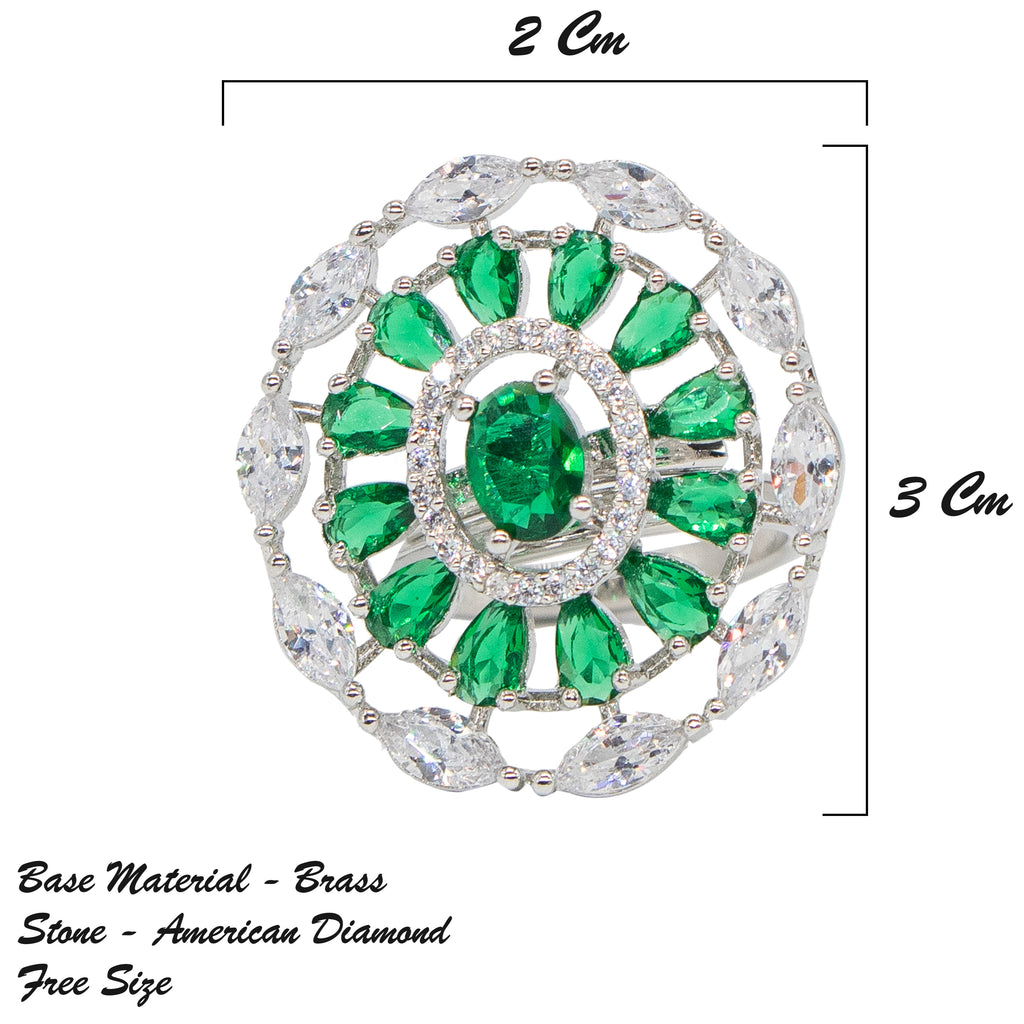 City Girl Brass Green Cz stone Studded Rhodium Plated Cocktail Finge Green Round Ring. (Free Size)