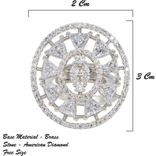 City Girl Brass Cz stone Studded Rhodium Plated Cocktail Silver Square Finge Ring. (Free Size)