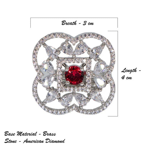 City Girl Brass Green Cz stone Studded Rhodium Plated Cocktail Finge Ring. (Free Size)