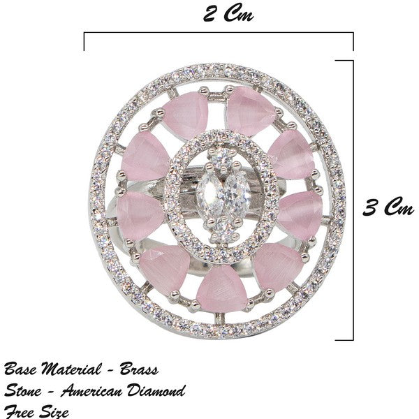 City Girl Brass Pink Cz stone Studded Rhodium Plated Cocktail Pink Floral Finge Ring. (Free Size)