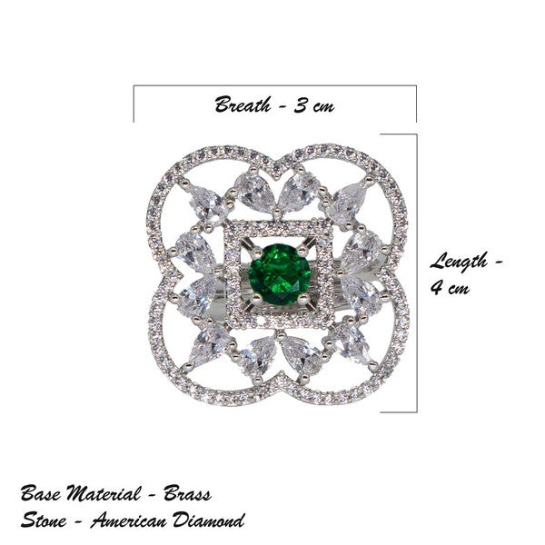 City Girl Brass Green Cz stone Studded Rhodium Plated Cocktail Finge Ring. (Free Size)