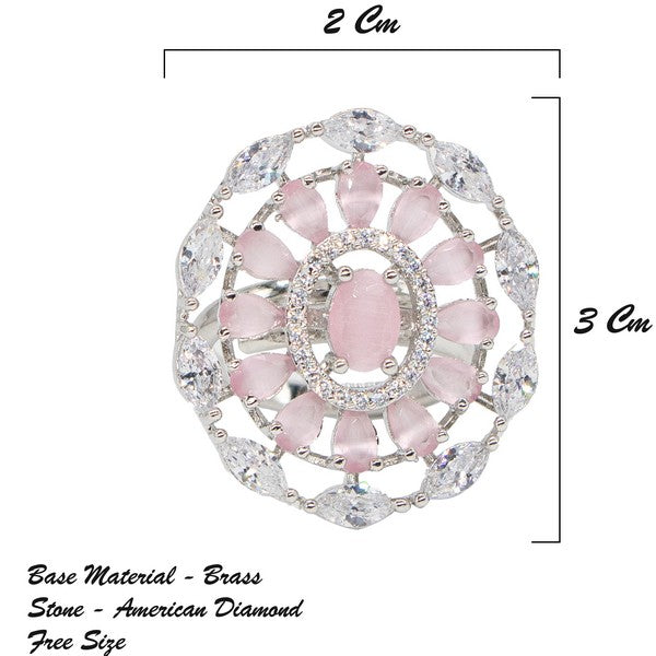 City Girl Brass Pink Cz stone Studded Rhodium Plated Cocktail Pink Floral Pattern Finge Ring. (Free Size)