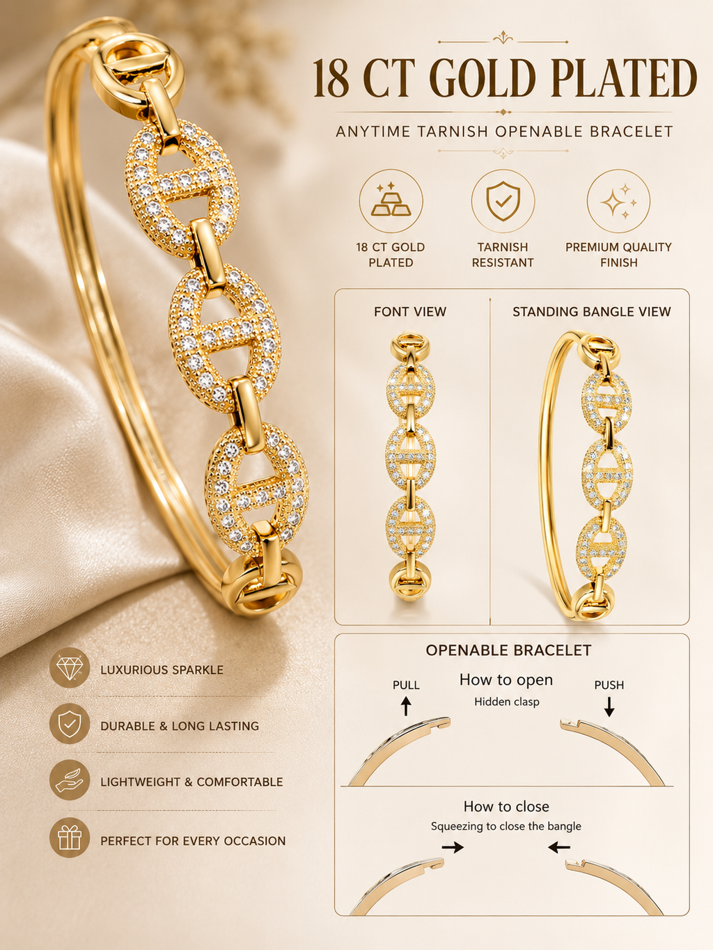 CITYGIRL 18K Gold Plated Openable Oval Bracelet for Women | American Diamond & Cubic Zirconia (CZ) Stone Kada | Anti Tarnish | Fits Sizes 2.4, 2.6 & 2.8 | Elegant Party & Daily Wear Jewellery