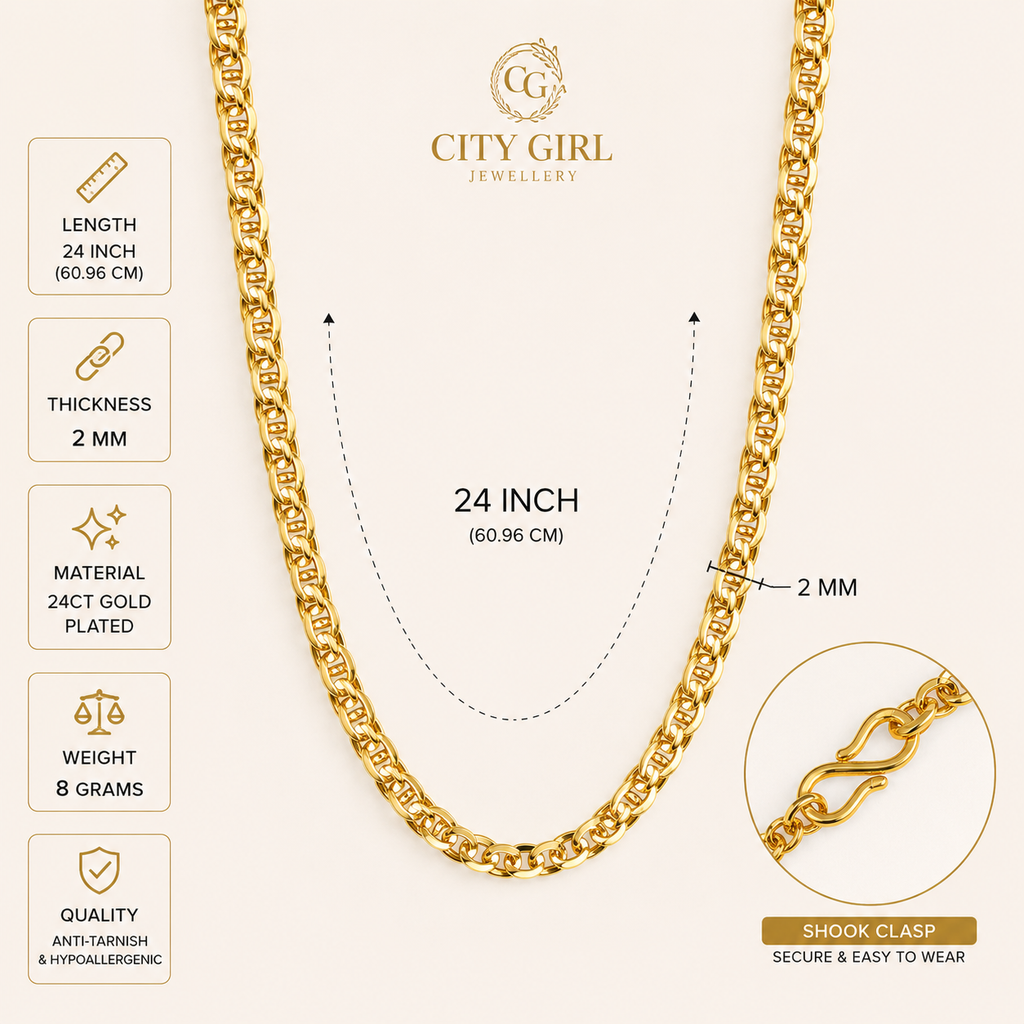 City Girl Men's 24 Inch 24CT Micro Gold Plated 3 mm Designer Chain Necklace | 6 g Daily Wear