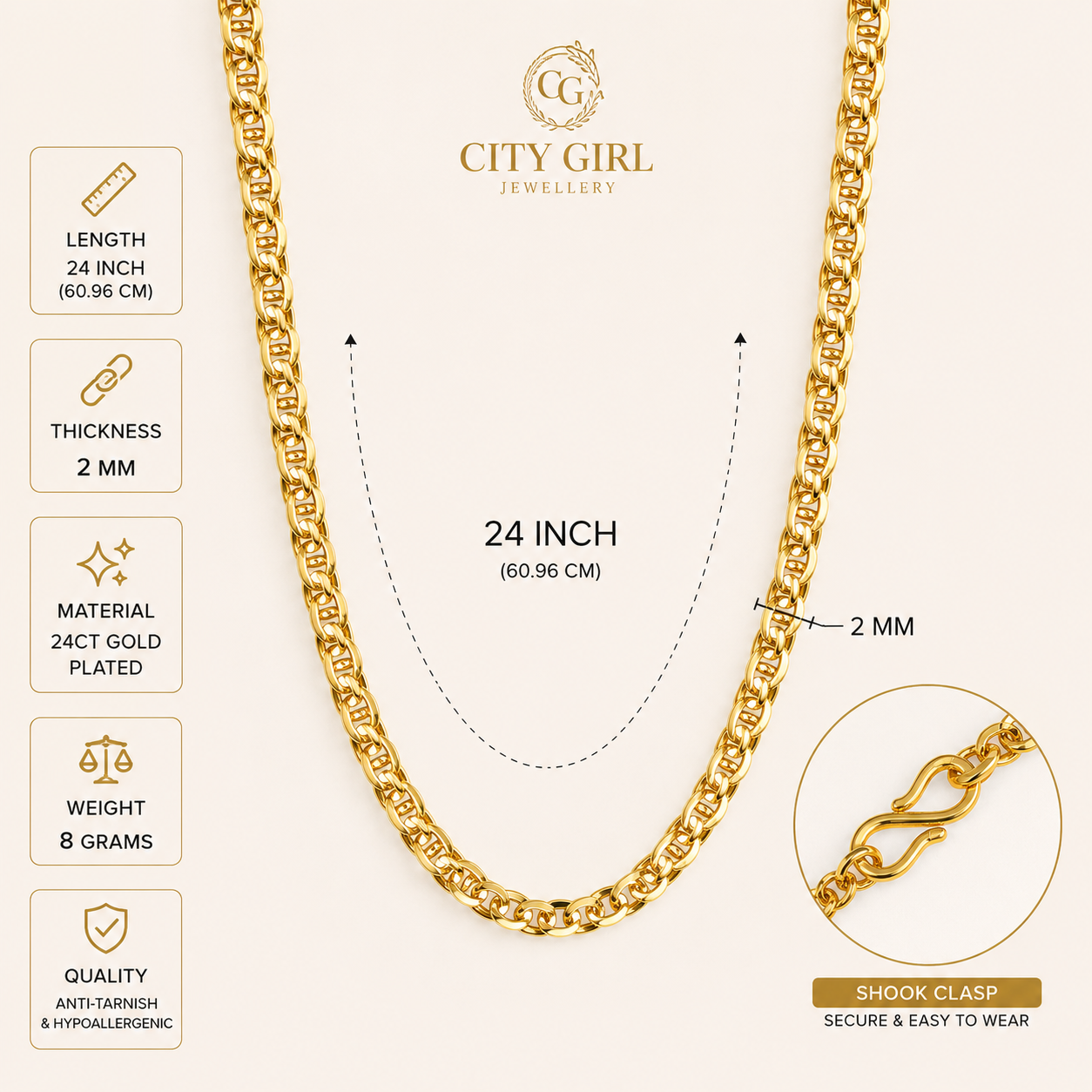 City Girl Men's 24 Inch 24CT Micro Gold Plated 3 mm Designer Chain Necklace | 6 g Daily Wear
