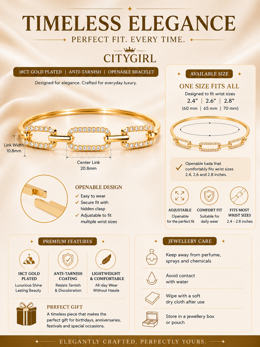 CITYGIRL Gold Plated CZ Stone Link Bangle Bracelet for Women | Adjustable Openable Bracelet | Premium Daily Wear Kada | Party, Office & Wedding Jewellery | Gift for Women & Girls  (CITY GIRL ADFX 05)