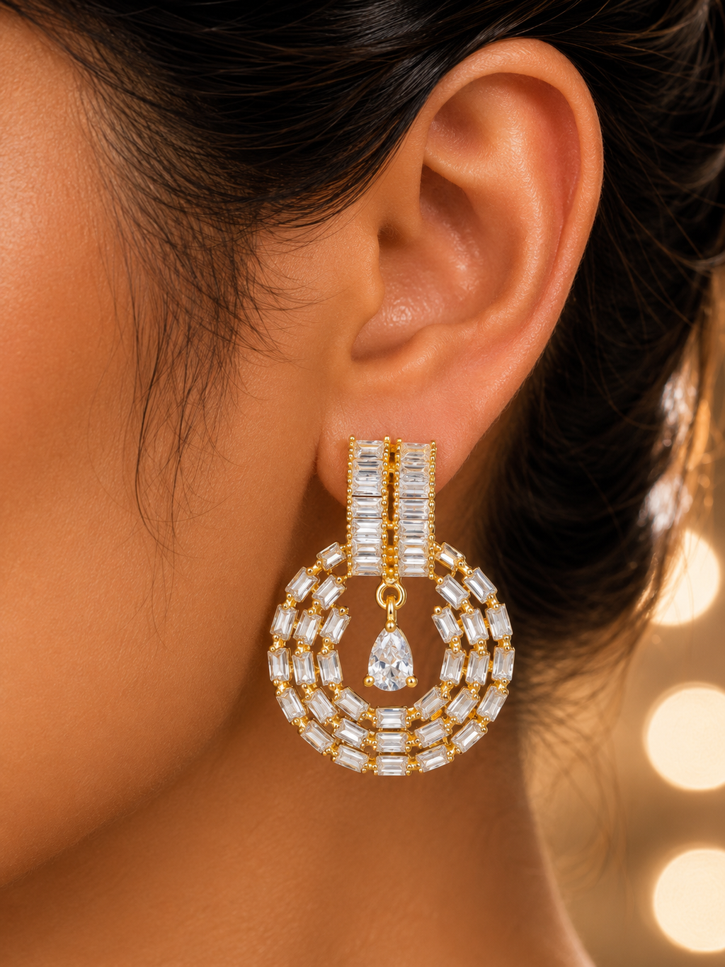 City Girl Jewellery Gold-Plated Baguette CZ Circular Drop Earrings for Women | Premium Statement Party Wear Earrings