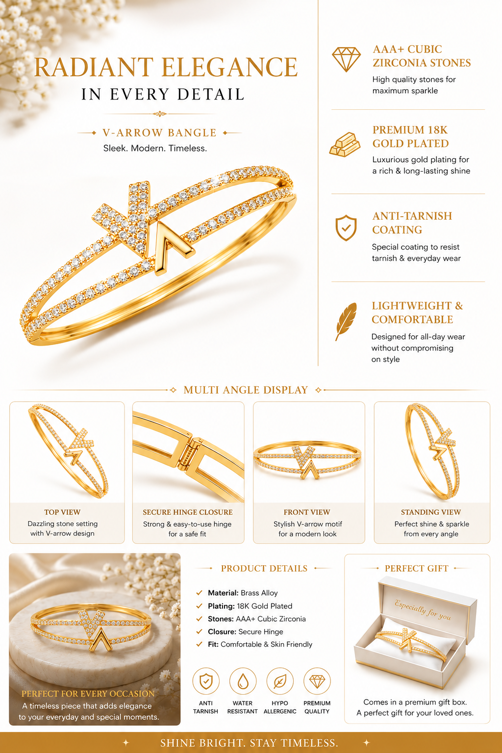 CITYGIRL Gold Plated Arrow Design Bracelet for Women | AAA Cubic Zirconia Stone Bracelet (CITY GIRL ADFX 06)Anti Tarnish Daily Wear Bangle | Elegant Party, Wedding & Gift Jewellery for Girls & Women