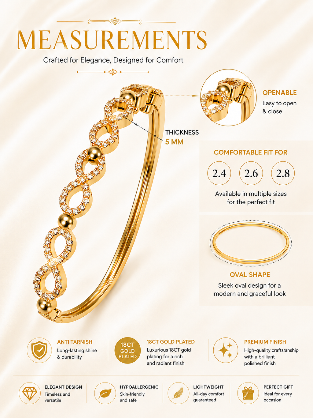 CITYGIRL 18K Gold Plated Openable Infinity Kada Bracelet for Women | American Diamond & Cubic Zirconia (CZ) Stone Bracelet | Oval Shape | Anti Tarnish | Fits Sizes 2.4, 2.6 & 2.8 | One Size