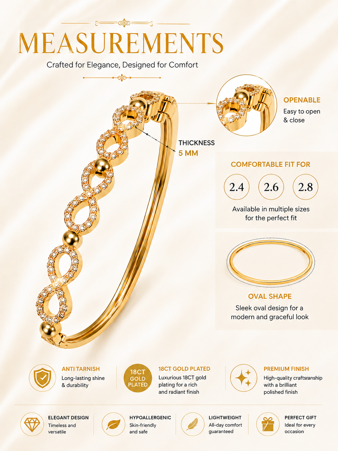CITYGIRL 18K Gold Plated Openable Infinity Kada Bracelet for Women | American Diamond & Cubic Zirconia (CZ) Stone Bracelet | Oval Shape | Anti Tarnish | Fits Sizes 2.4, 2.6 & 2.8 | One Size