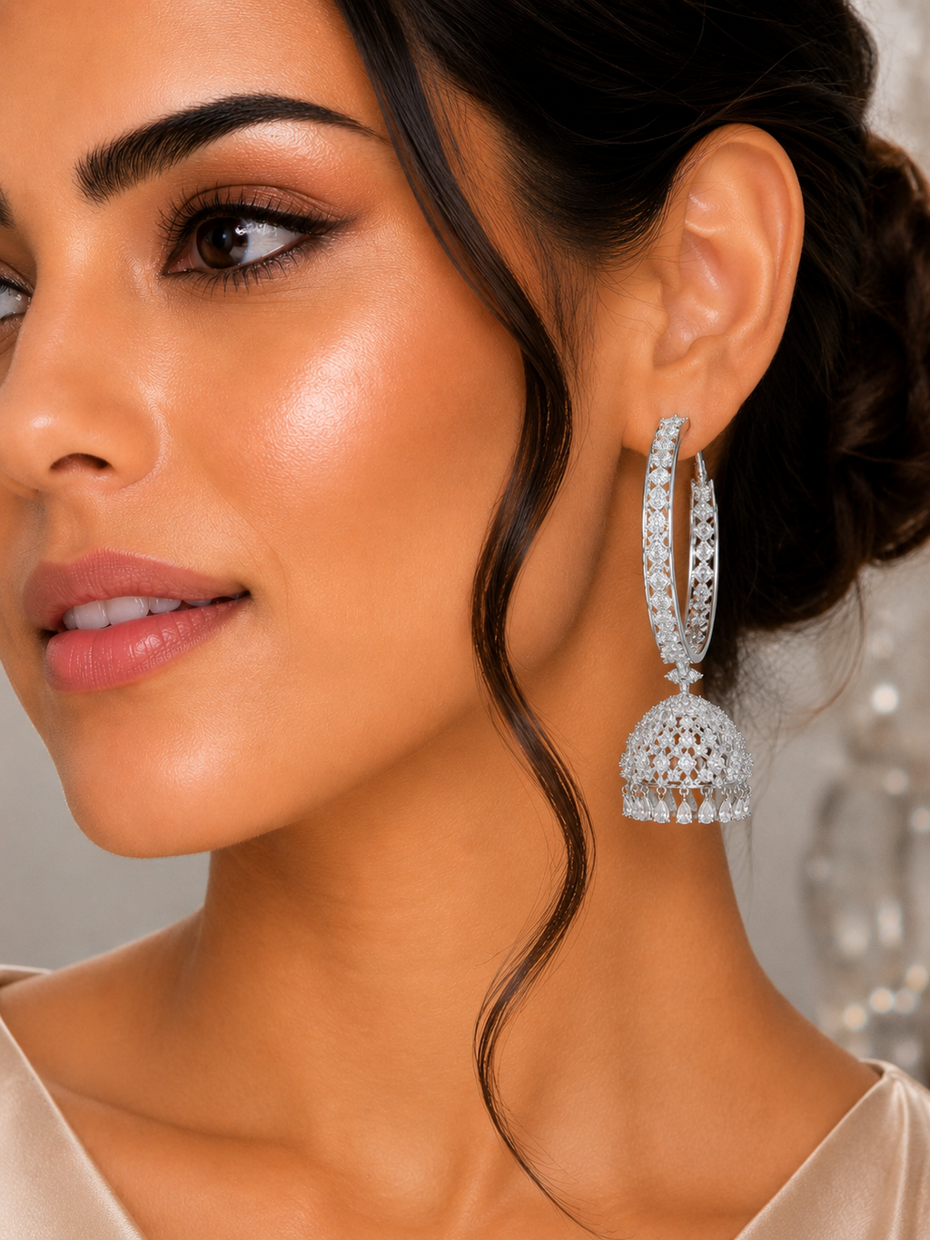 City Girl AD Rhodium-Plated CZ Stone Half Hoop Earrings for Women and Girls