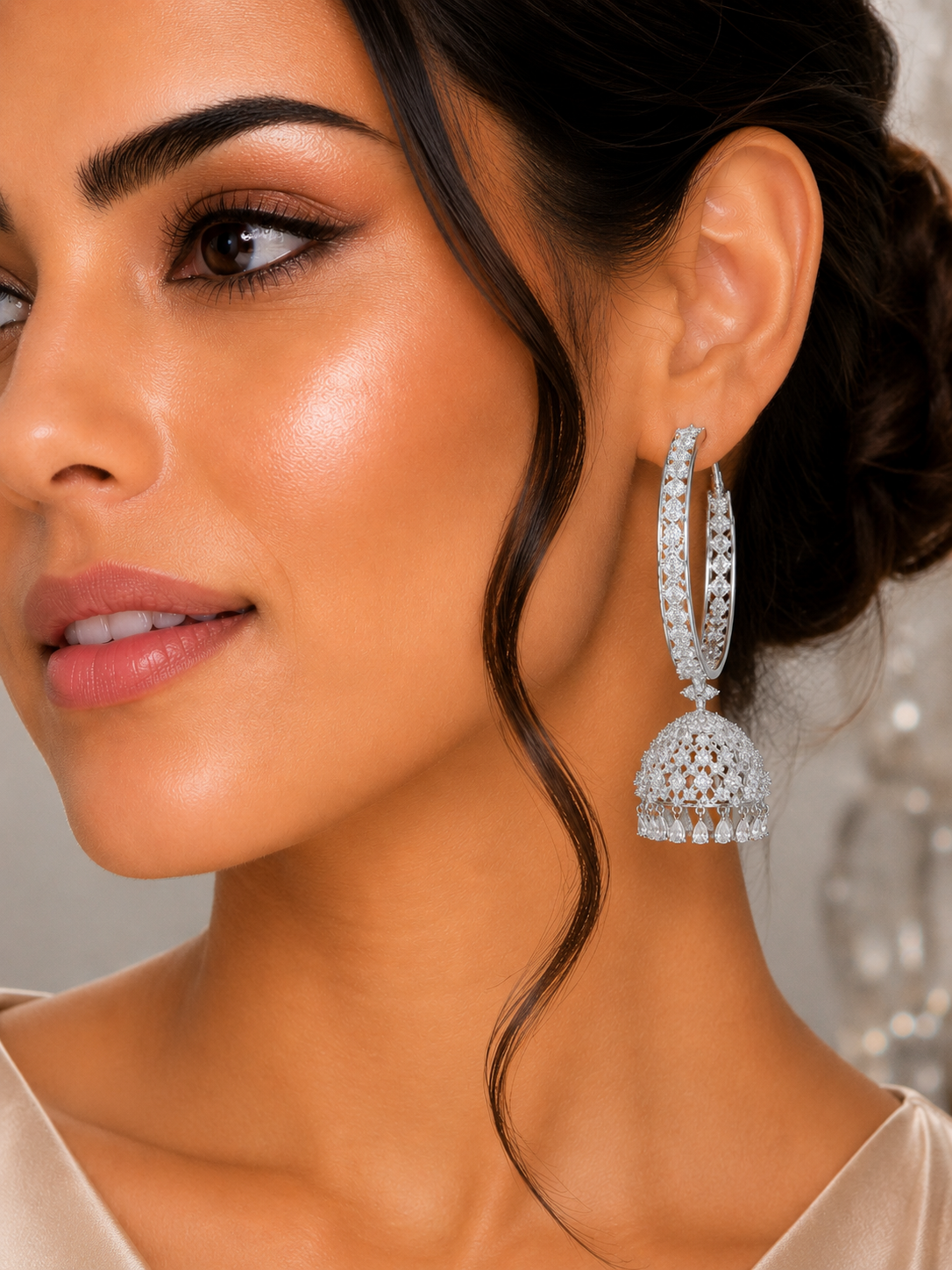 City Girl AD Rhodium-Plated CZ Stone Half Hoop Earrings for Women and Girls