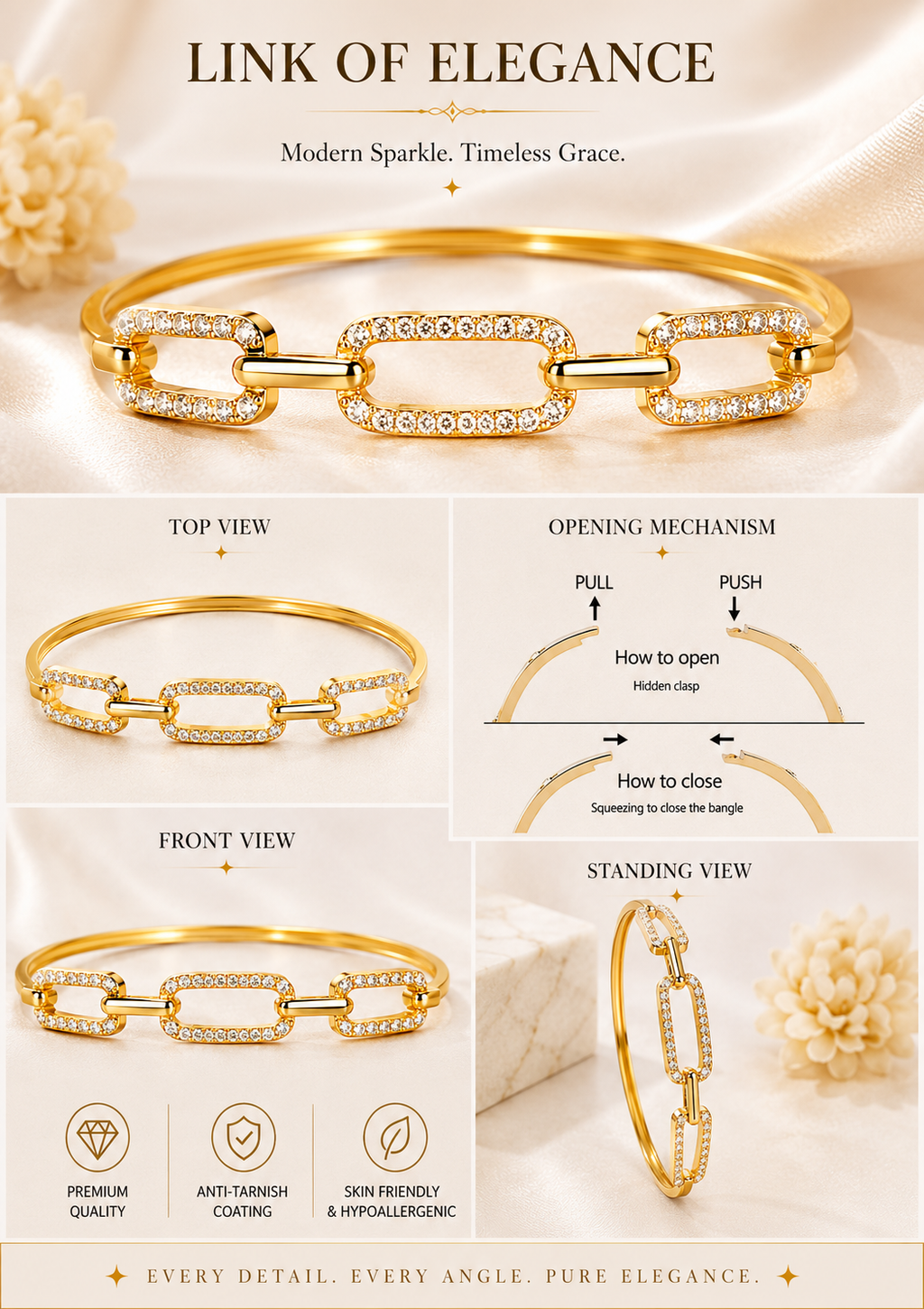 CITYGIRL Gold Plated CZ Stone Link Bangle Bracelet for Women | Adjustable Openable Bracelet | Premium Daily Wear Kada | Party, Office & Wedding Jewellery | Gift for Women & Girls  (CITY GIRL ADFX 05)