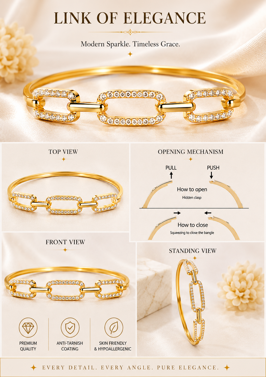 CITYGIRL Gold Plated CZ Stone Link Bangle Bracelet for Women | Adjustable Openable Bracelet | Premium Daily Wear Kada | Party, Office & Wedding Jewellery | Gift for Women & Girls  (CITY GIRL ADFX 05)