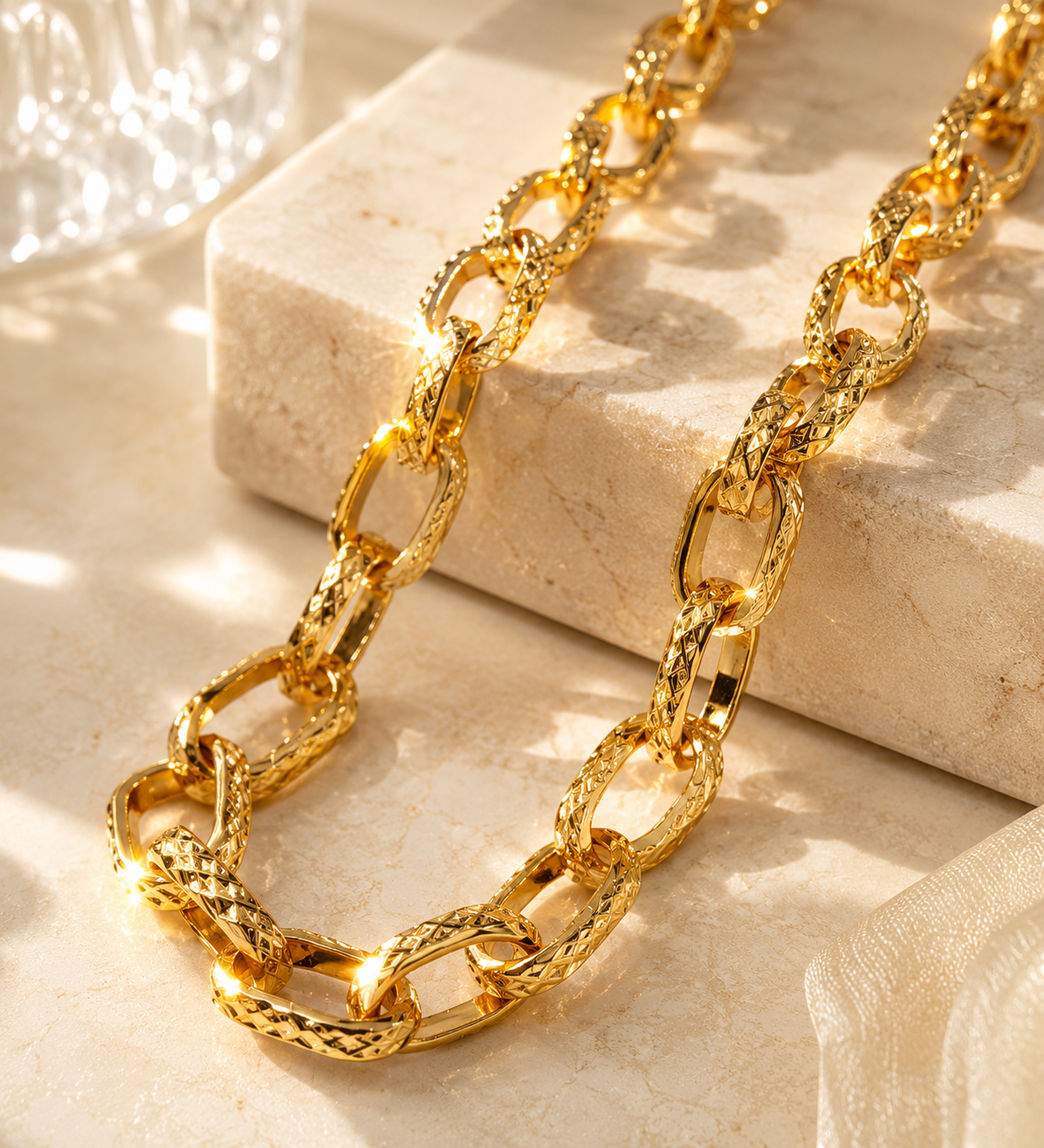 City Girl Jewellery 24K Gold Plated Textured Link Chain Necklace for Women & Men | Premium Statement Chain with S-Hook Clasp | Western Wear Fashion Jewellery