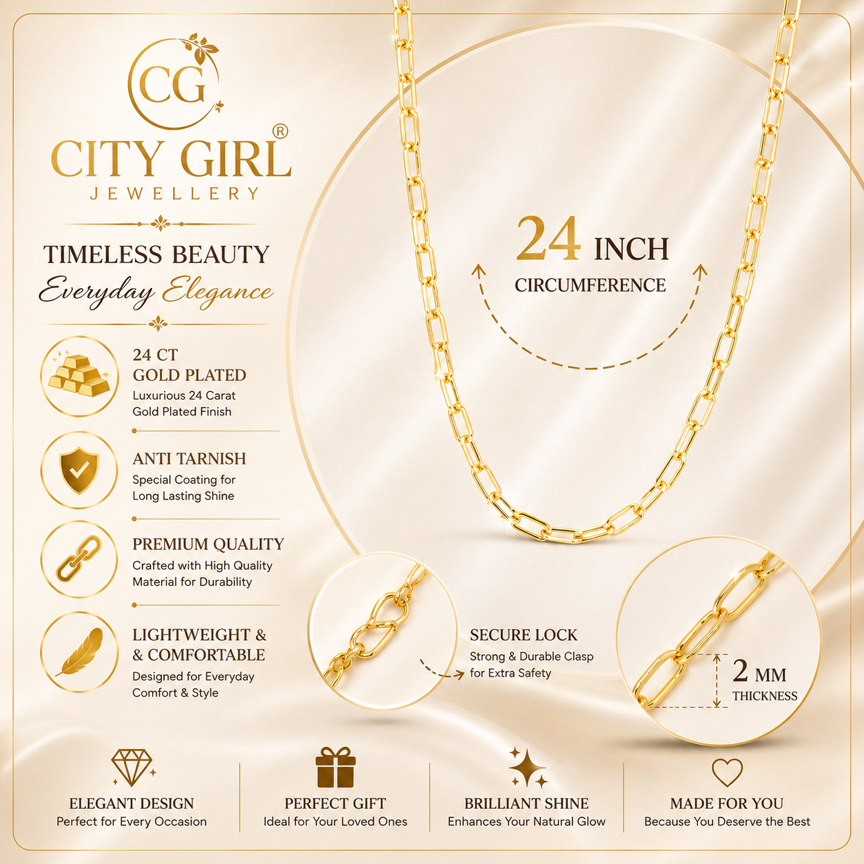 City Girl Jewellery 24CT Gold Plated Chain for Women & Girls | 20 Inch Lightweight Copper Chain Necklace | Gold Replica Daily Wear Necklace | Skin Friendly, Rash Free, Durable Fashion Jewellery for Casual, Office & Party Wear