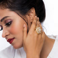 City Girl Brass Cz stone Studded Gold Plated Cocktail Finge Ring. (Free Size)