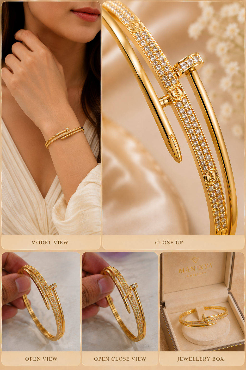 City Girl Jewellery 24CT Gold Plated Nail Bracelet for Women | AAA Cubic Zirconia Studded Openable Cuff Bangle | Anti Tarnish Lightweight Daily Wear Fashion Bracelet for Girls & Women | Gift for Wife, Sister & Girlfriend