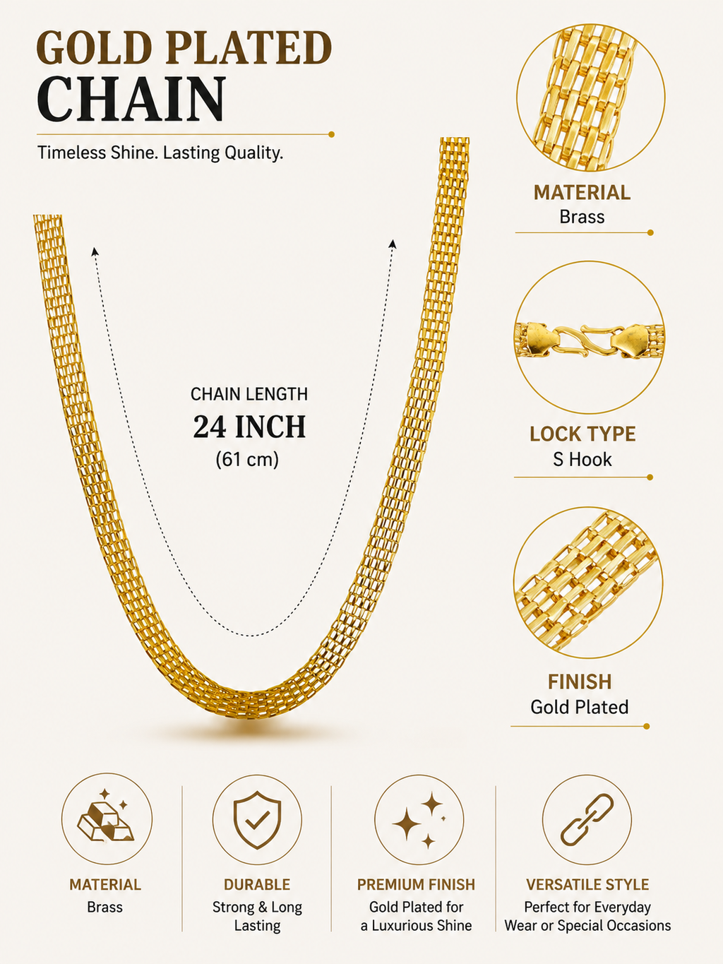 City Girl Jewellery Gold Plated Chain for Men & Women | 24 Inch Brass Chain Necklace with S Hook Lock | Stylish Western & Fusion Wear Jewellery for Daily Wear