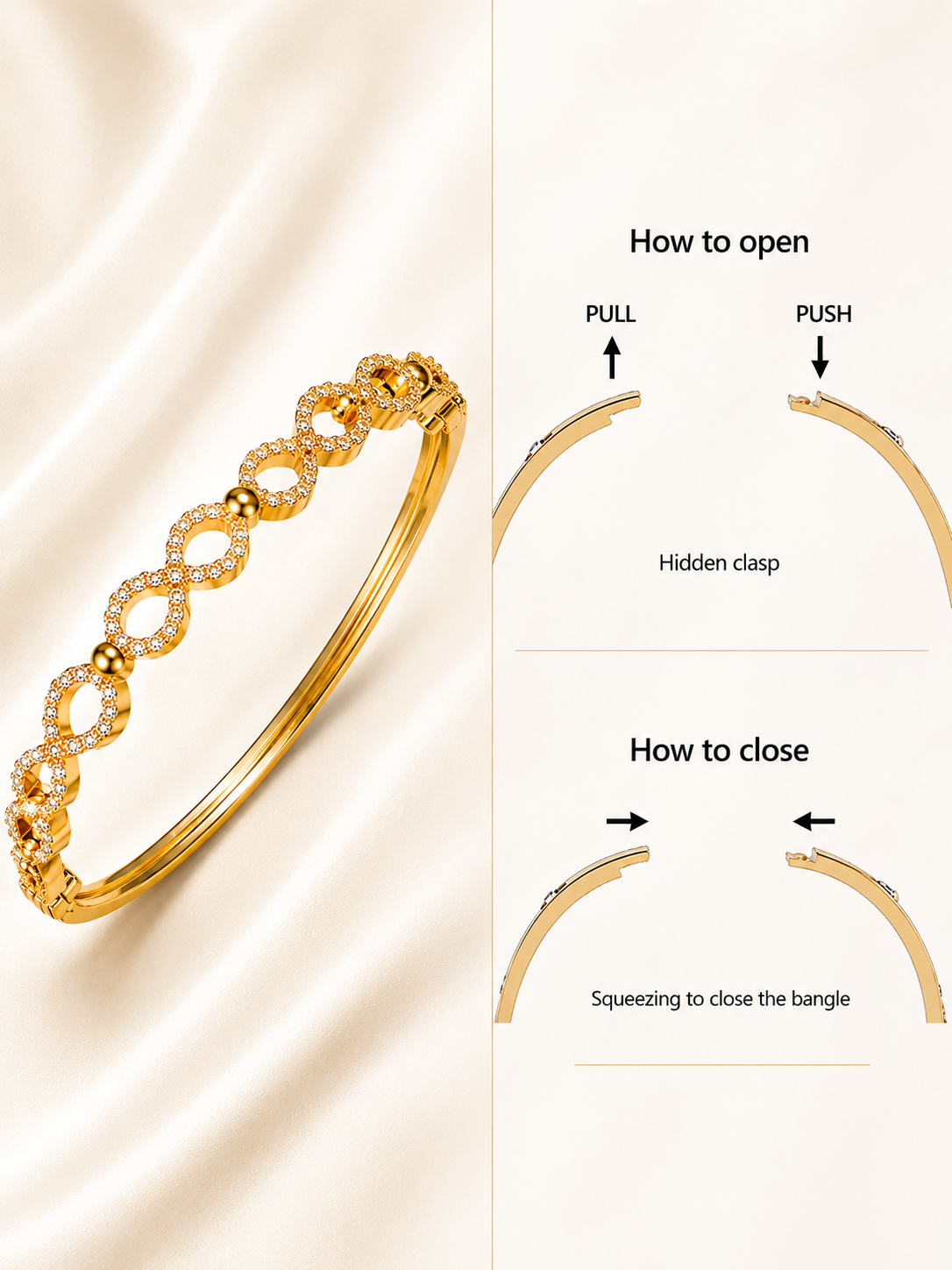 CITYGIRL 18K Gold Plated Openable Infinity Kada Bracelet for Women | American Diamond & Cubic Zirconia (CZ) Stone Bracelet | Oval Shape | Anti Tarnish | Fits Sizes 2.4, 2.6 & 2.8 | One Size