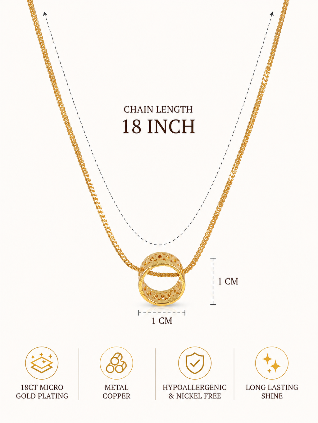 City Girl 18 Ct Gold Micro Plated Chain with  Circular Ring Pendant for Girls | 18 Inch Minimal Necklace | Lightweight Elegant Daily Wear| 18 Ct Finish|Copper Base Metal | Minimalist Everyday Wear Gold Necklace