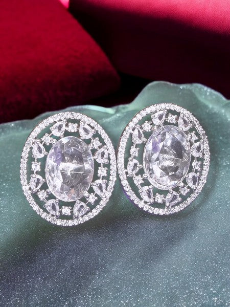 City Girl American Diamond Rhodium-Plated CZ Stones Stud Silver Earrings for Women and Girls