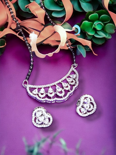 City Girl AD Rhodium Mangalsutra Set with Earrings & Chain – Modern Diva Style for Women & Girls.