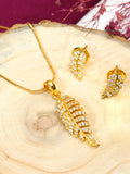 City Girl Cubic Zirconia 24CT Gold Plated Copper Minimalist Leaf Pendant Set With Mathcing Earrings For Women and Girls.(AD LK SET 005)