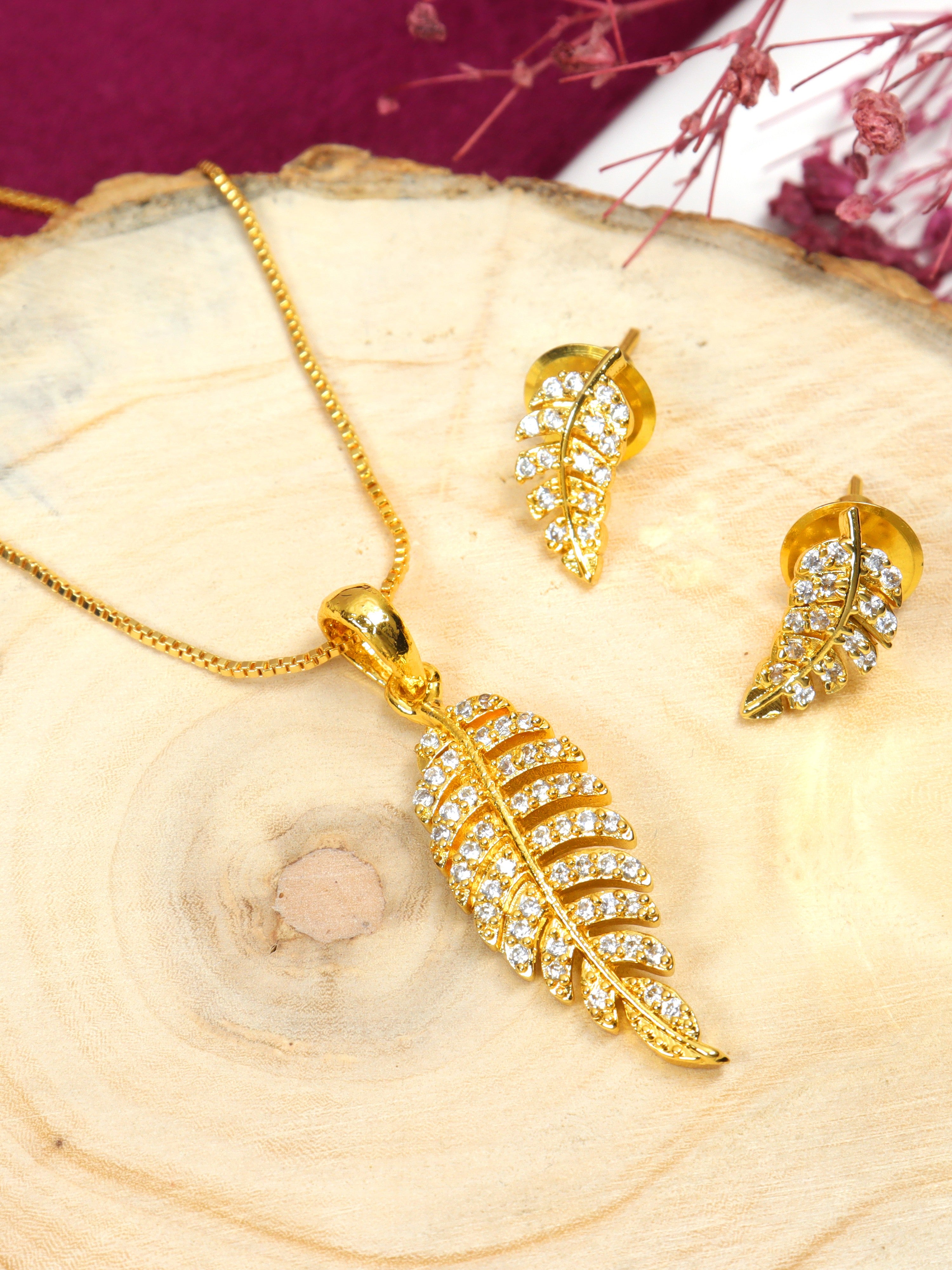 City Girl Cubic Zirconia 24CT Gold Plated Copper Minimalist Leaf Pendant Set With Mathcing Earrings For Women and Girls.(AD LK SET 005)